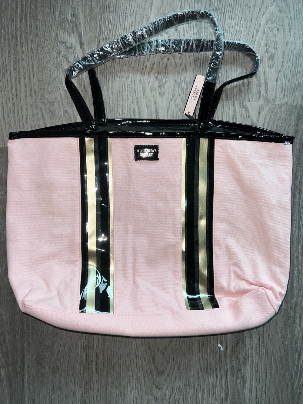 NWT Victoria's Secret Pink Tote with Black Trim and Gold Stripes - Picture 4 of 5